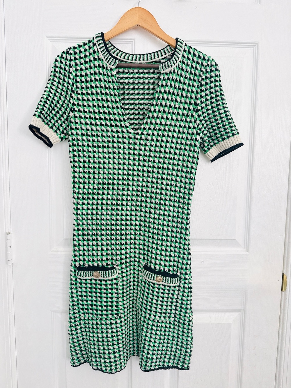 Maje Green Houndstooth Knit Short-Sleeve Dress